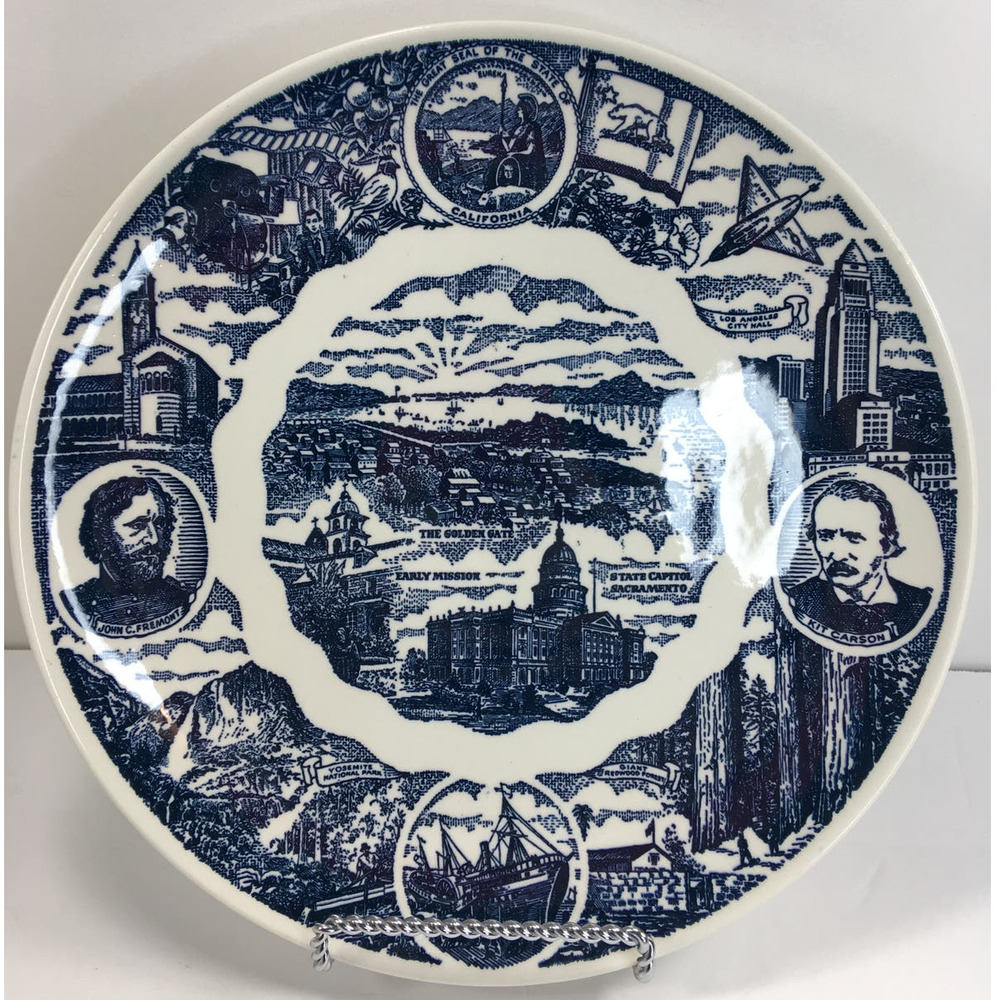Vernon Kilns (Possibly) California State History Vintage 10" Souvenir Plate Blue